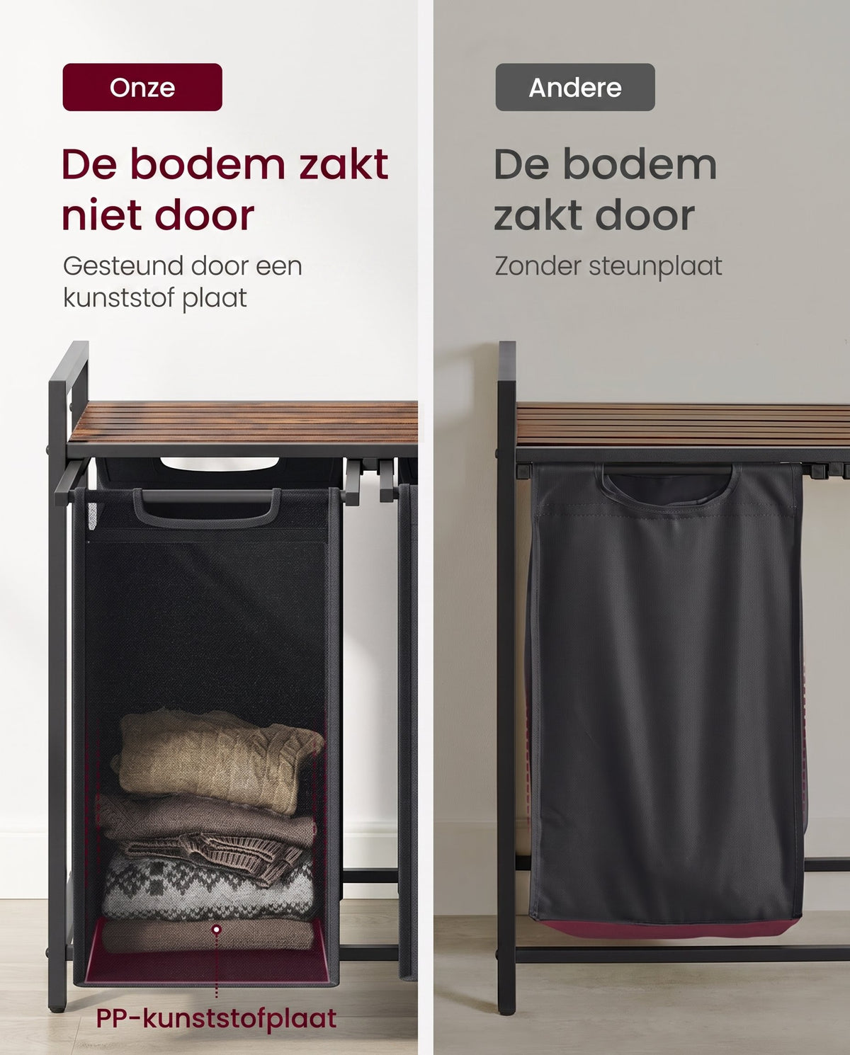 Wasmand met 2 Uittrekbare Waszakken en Opbergplank