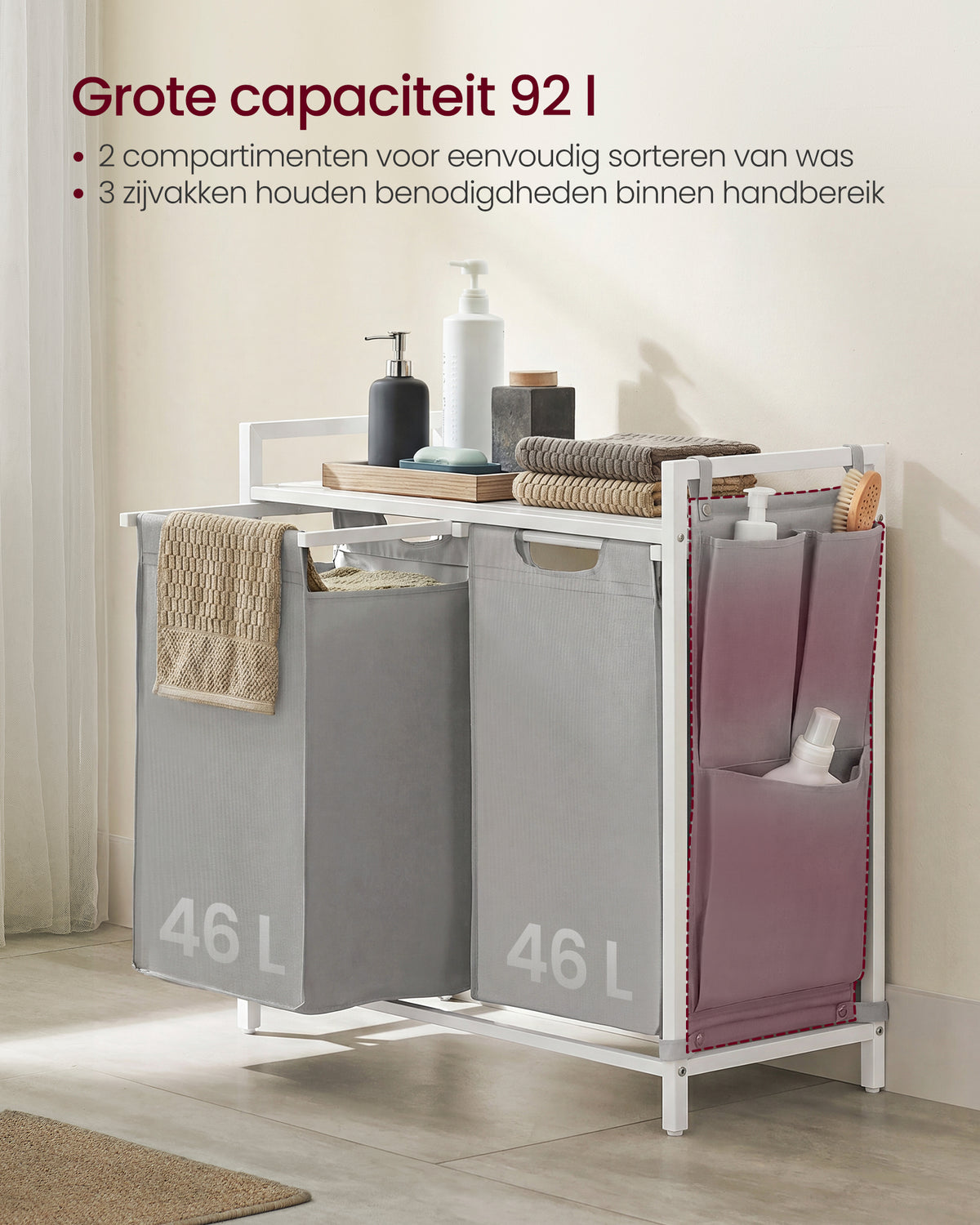 Wasmand met 2 Uittrekbare Waszakken en Opbergplank