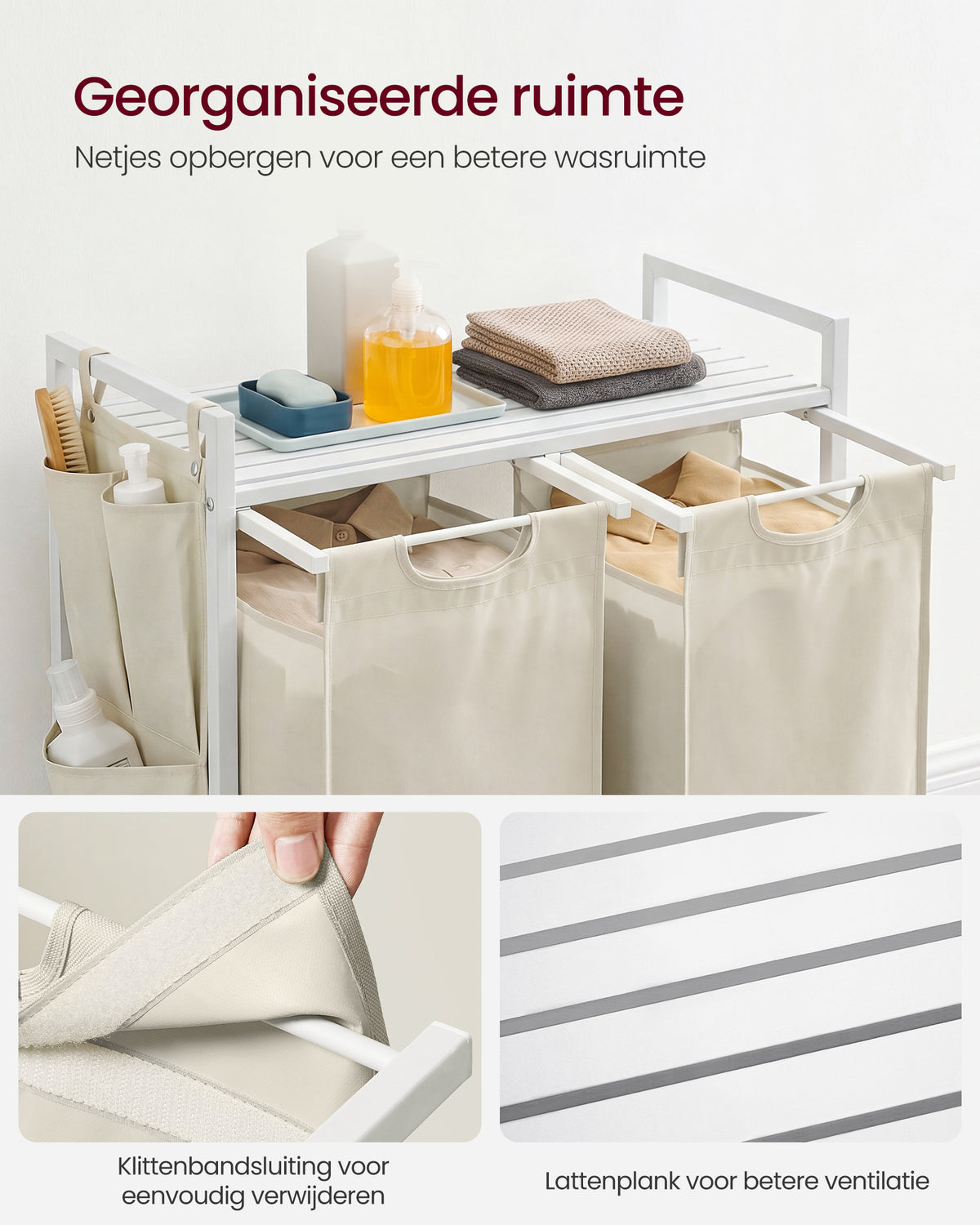 Wasmand met 2 Uittrekbare Waszakken en Opbergplank