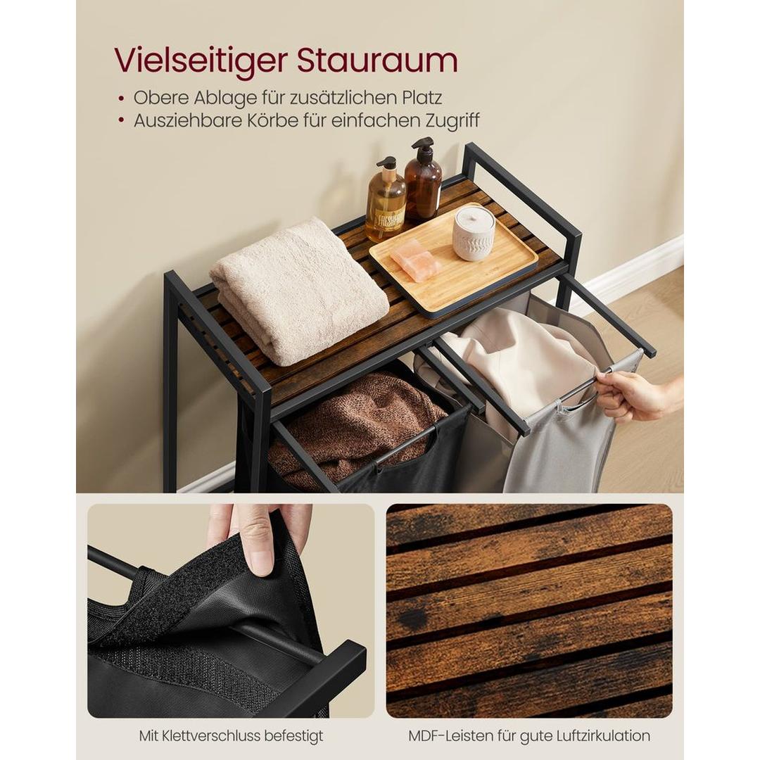 Wasmand met 2 Uittrekbare Waszakken en Opbergblad Van Staal