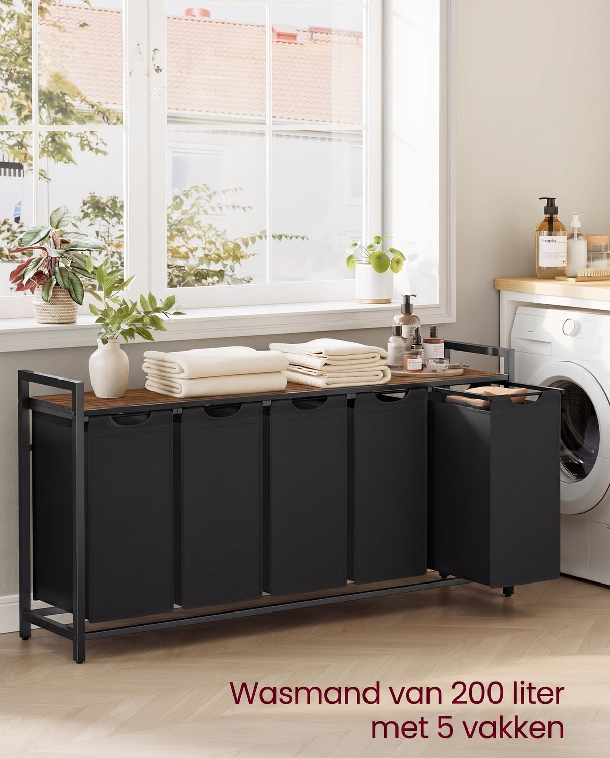 Wasmand met 2 Uittrekbare Waszakken en Opbergplank