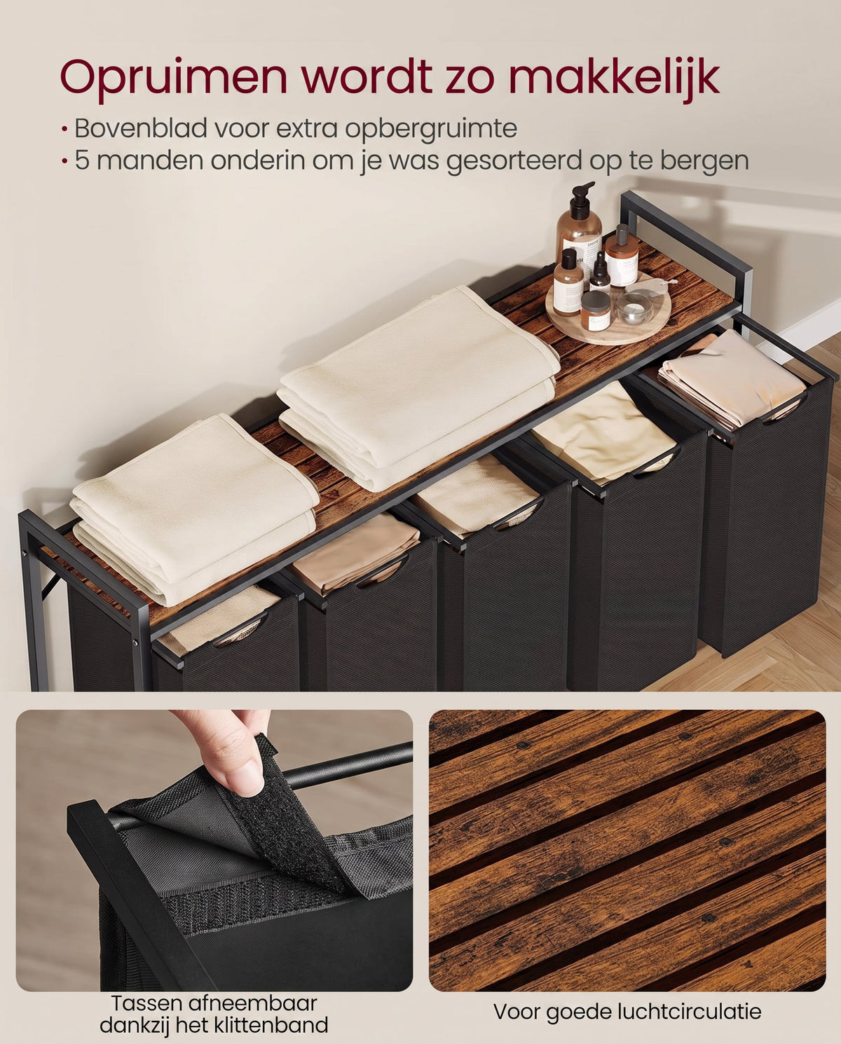 Wasmand met 2 Uittrekbare Waszakken en Opbergplank