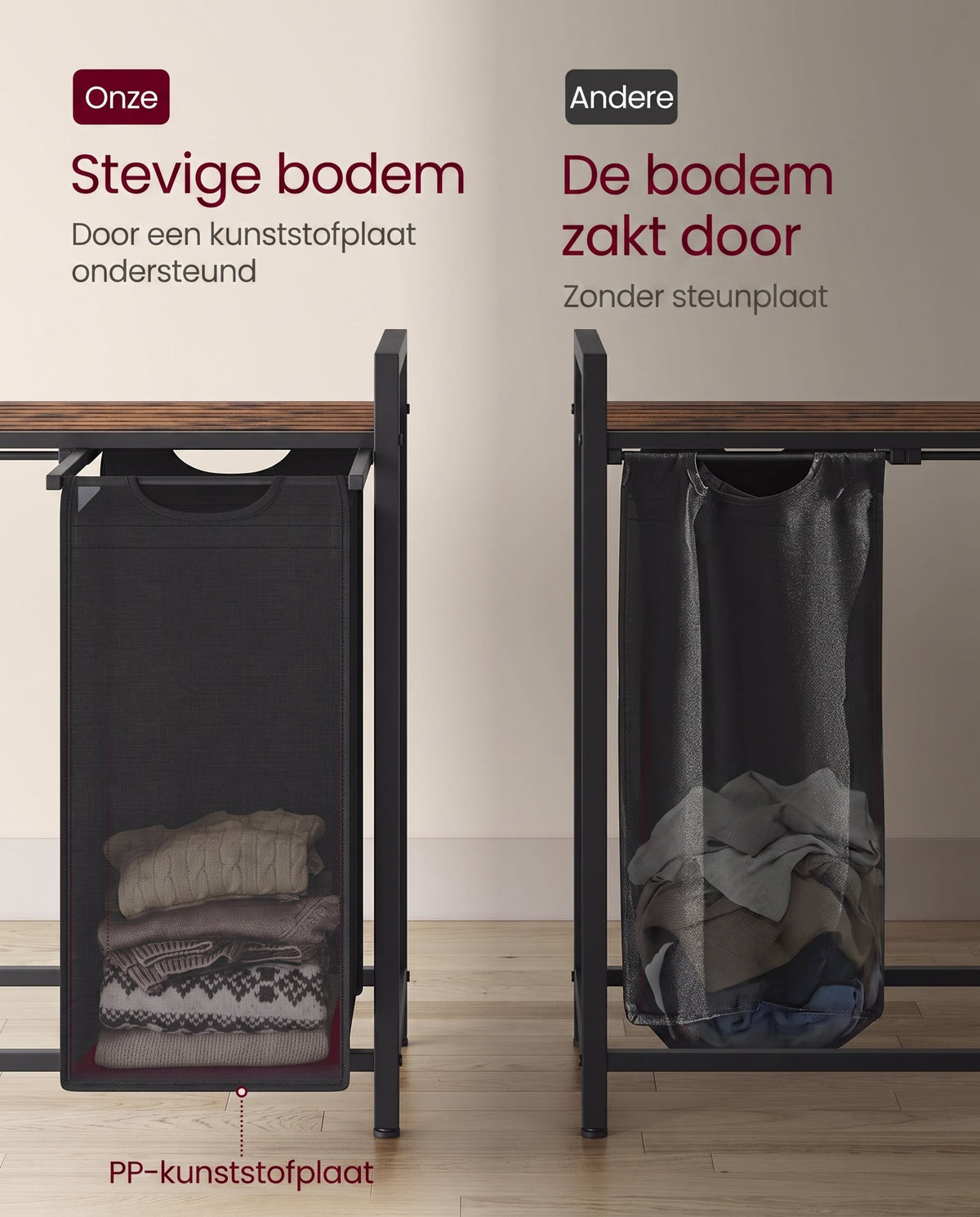 Wasmand met 2 Uittrekbare Waszakken en Opbergplank