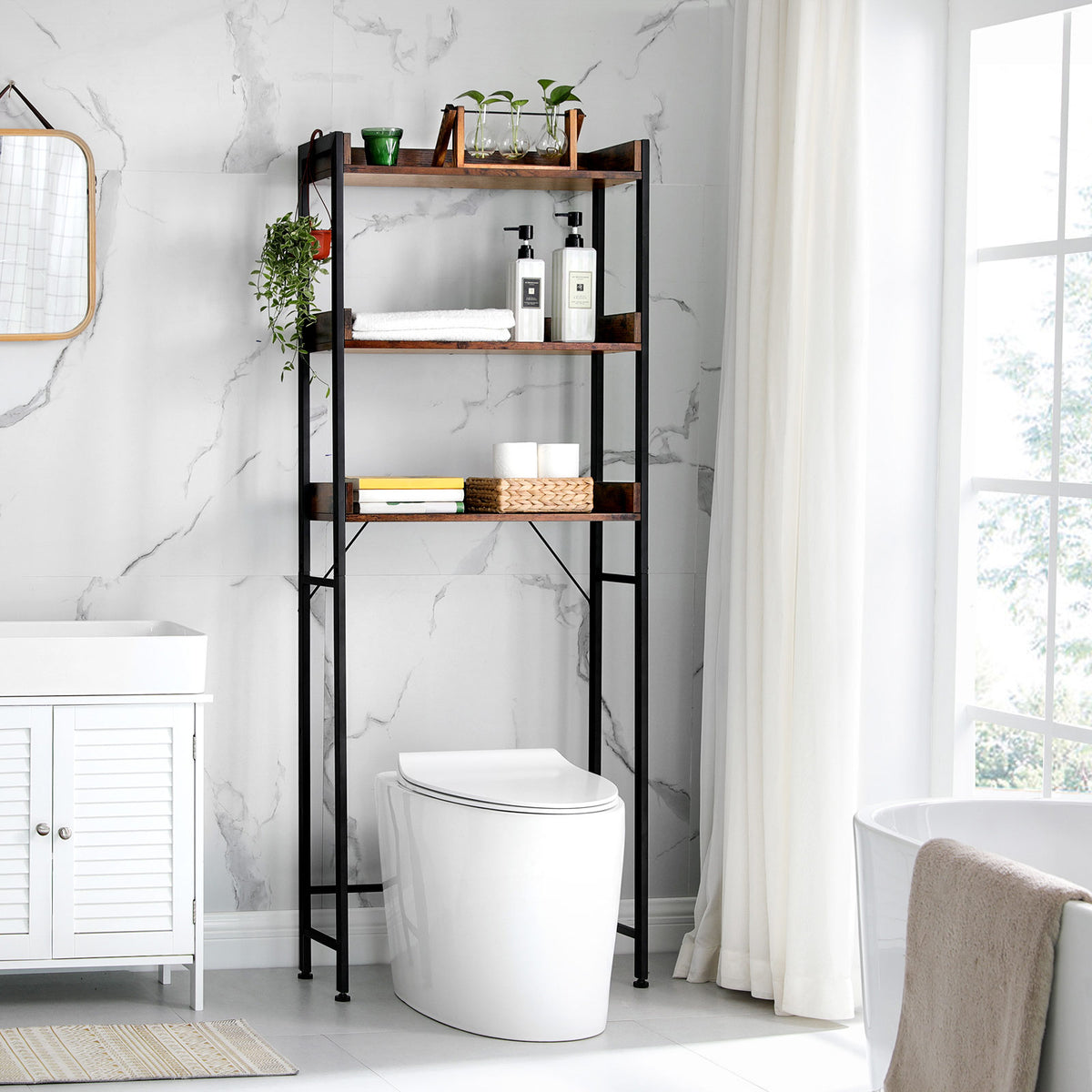Toiletplank met 3 Open Planken en Stalen Frame
