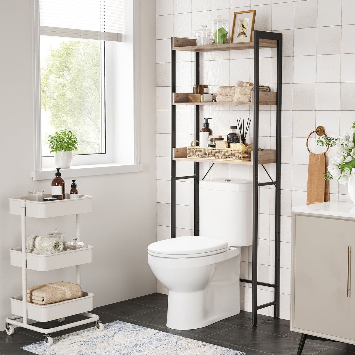 Toiletplank met 3 Open Planken en Stalen Frame