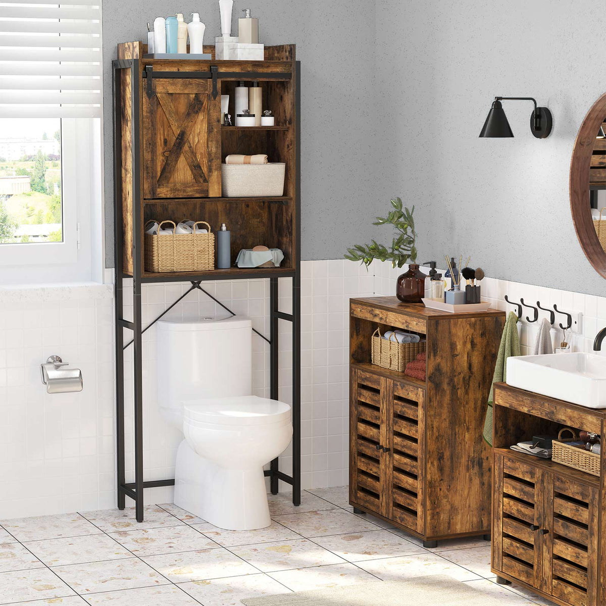 Toiletplank met Kast en 3 Open Vakken, 64 x 24 x 171 cm