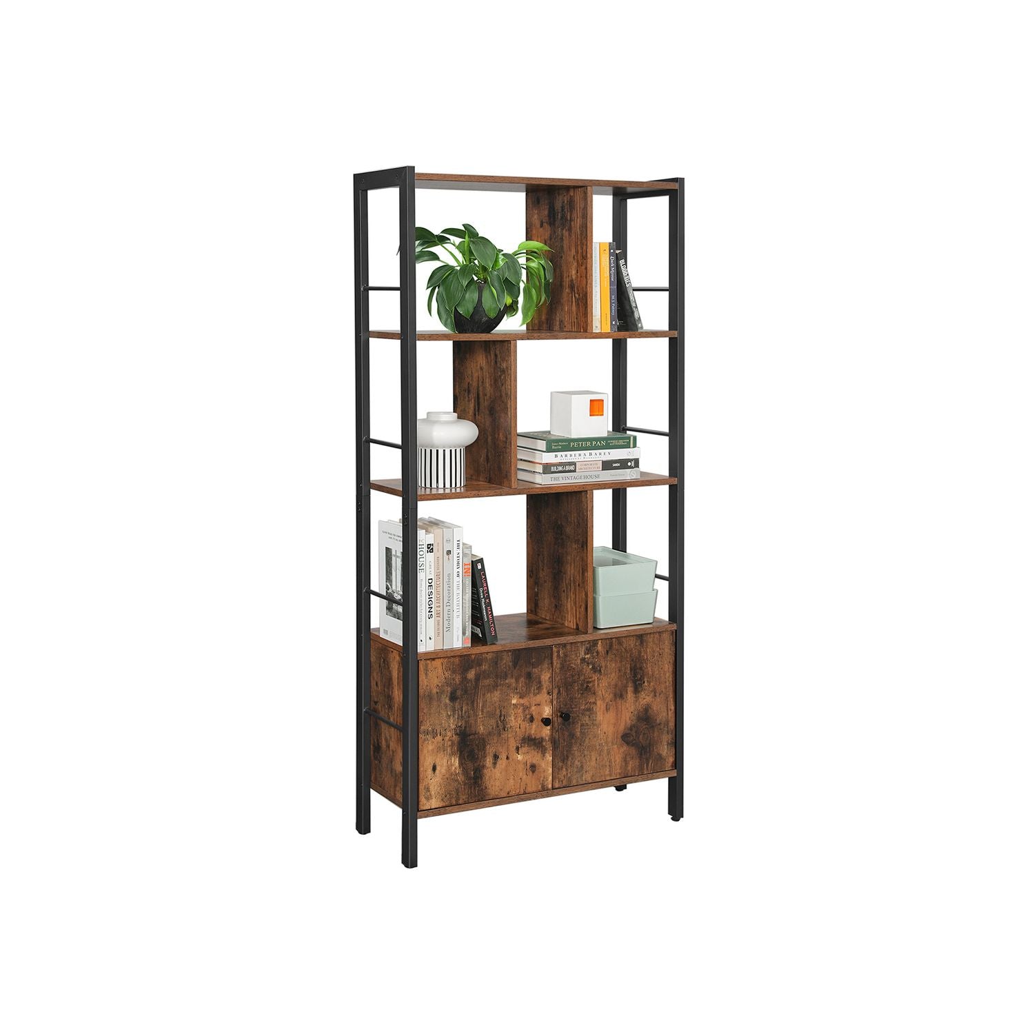 Boekenkast met 4 Open Planken en Stalen Frame in Industrieel Design