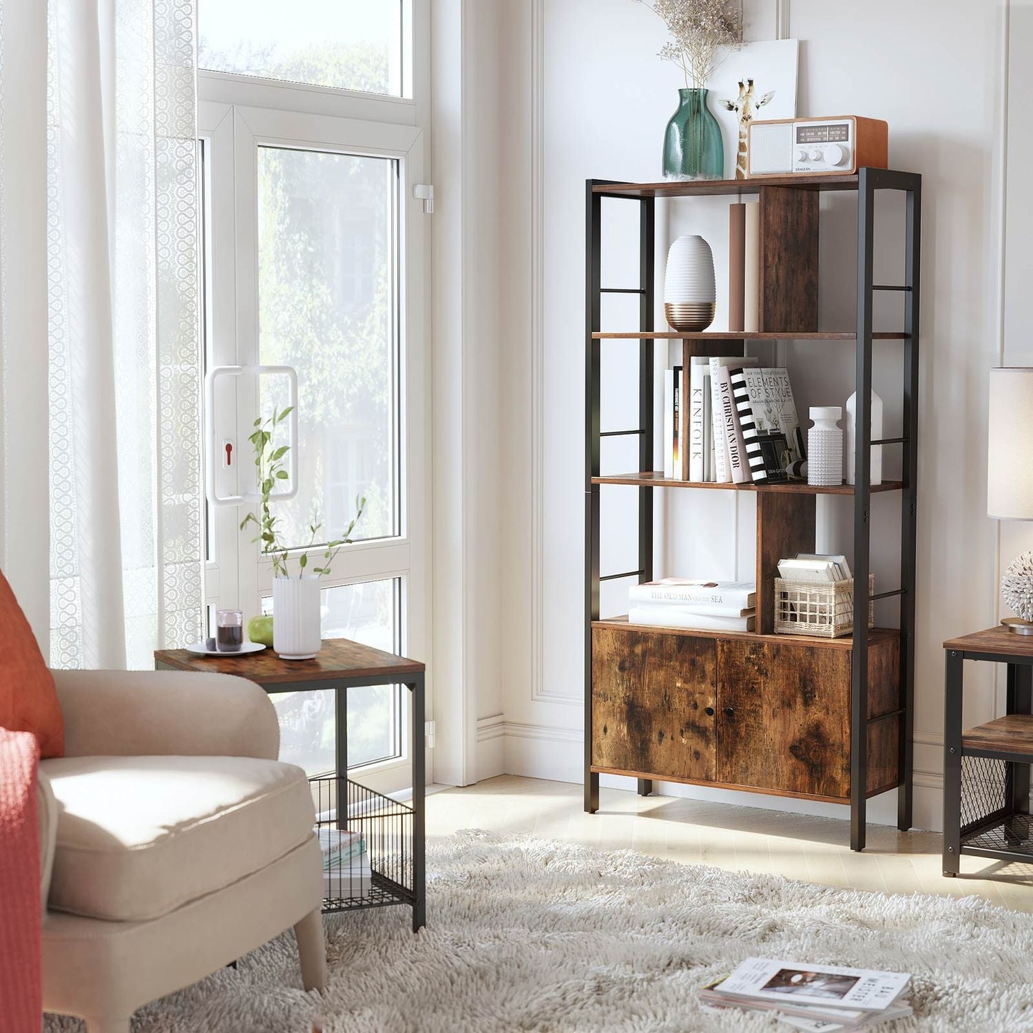 Boekenkast met 4 Open Planken en Stalen Frame in Industrieel Design