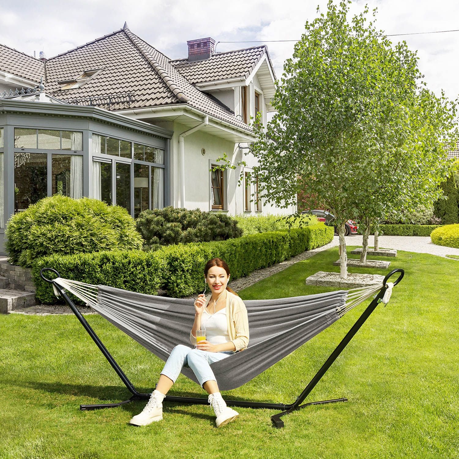 In Hoogte Verstelbare Hangmat met Metalen Frame, 210x150 cm