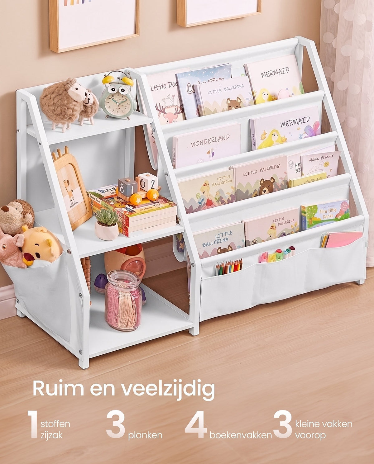 Kinderboekenkast met Zijvak en Open Vakken, 30 x 108,5 x 75 cm