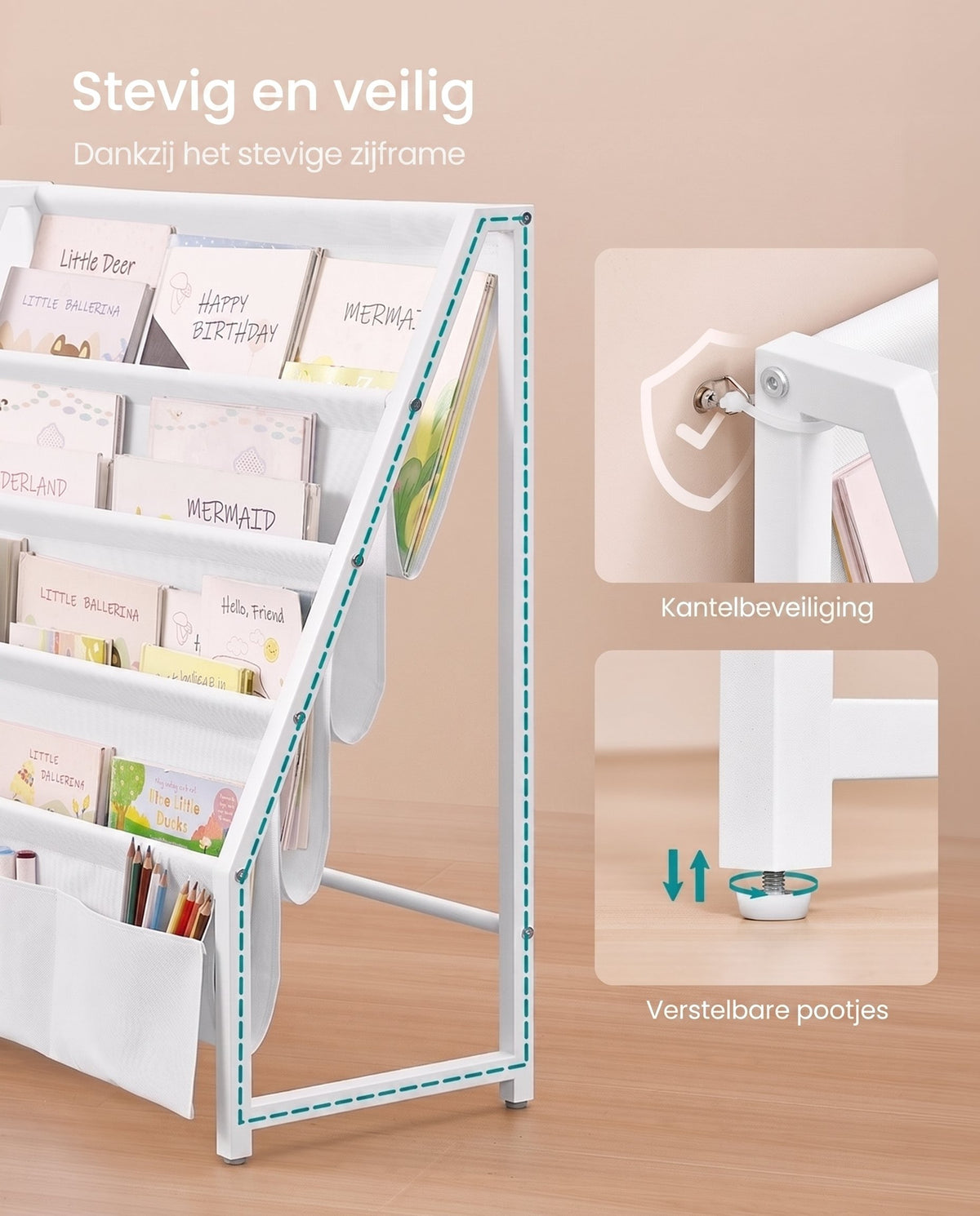 Kinderboekenkast met Zijvak en Open Vakken, 30 x 108,5 x 75 cm