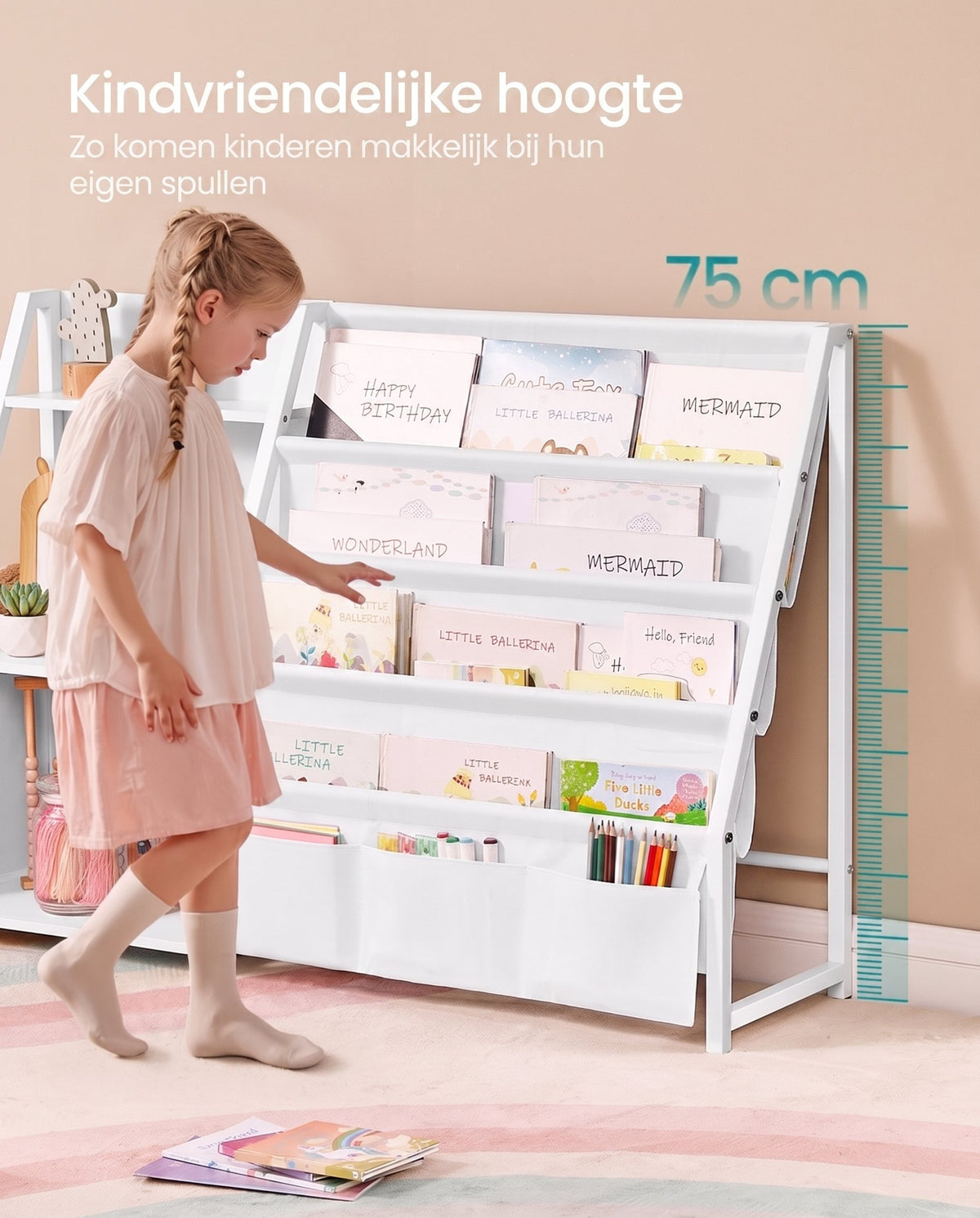Kinderboekenkast met Zijvak en Open Vakken, 30 x 108,5 x 75 cm