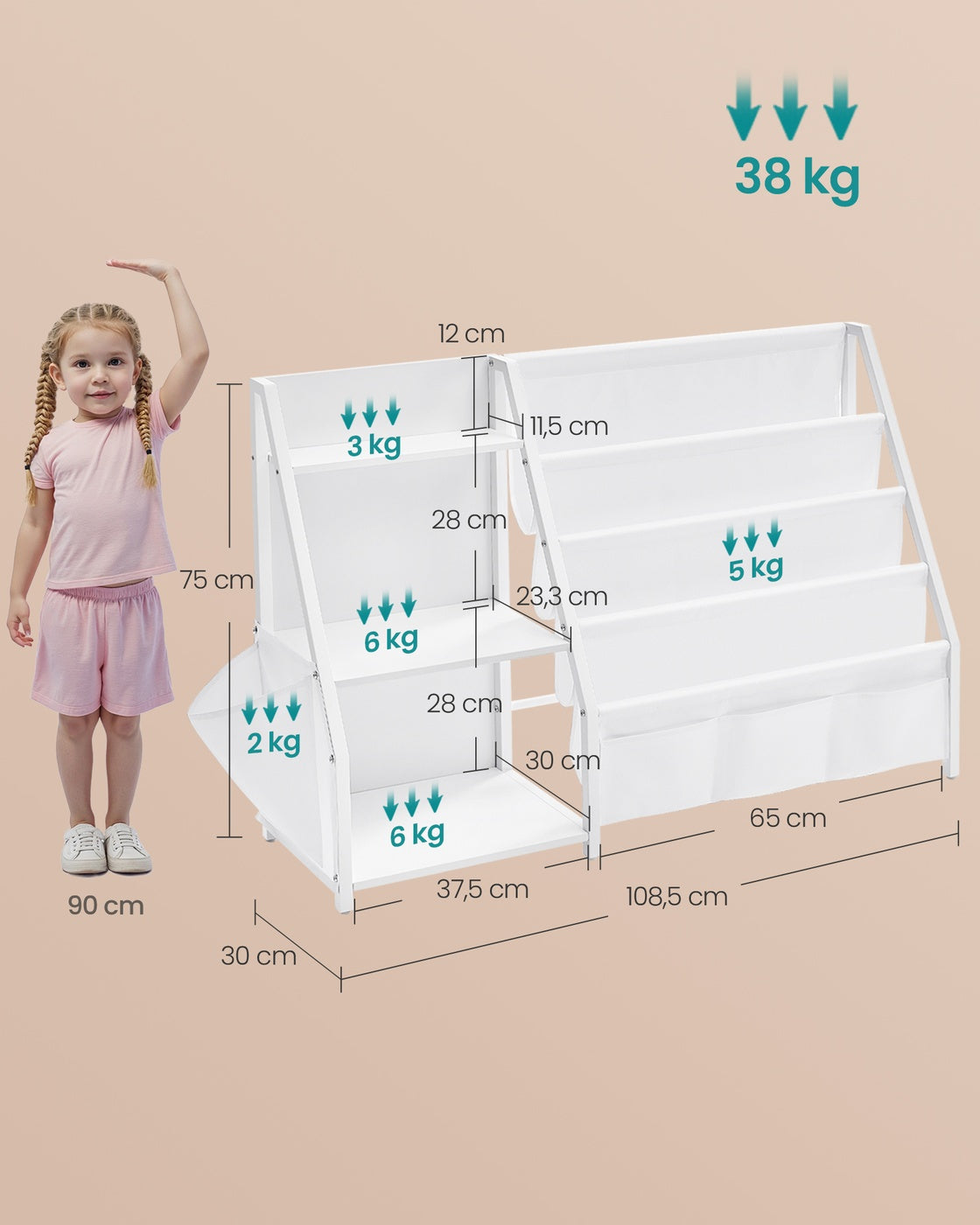 Kinderboekenkast met Zijvak en Open Vakken, 30 x 108,5 x 75 cm