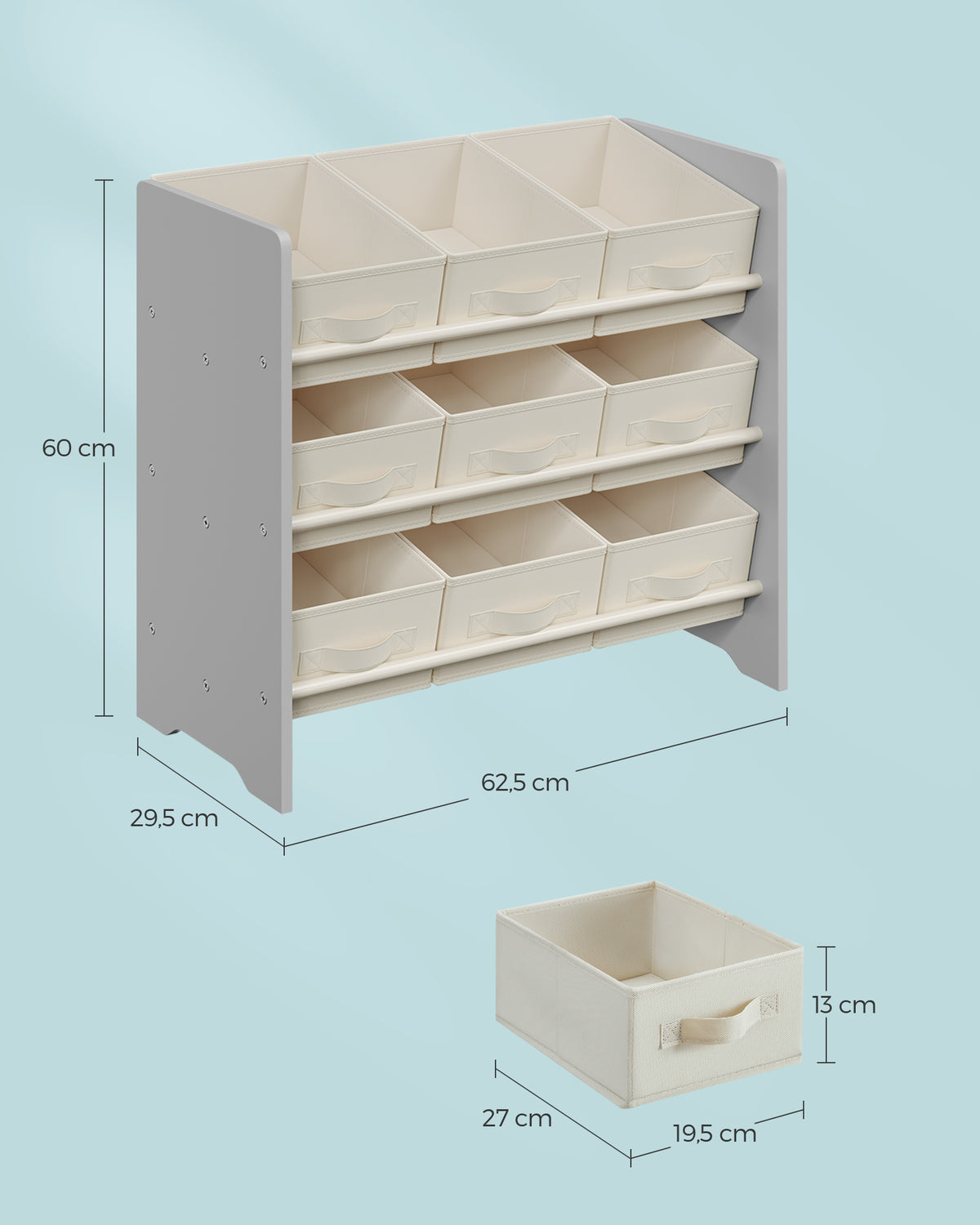Speelgoedrek met 9 Stoffen Opbergdozen, 29,5 x 62,5 x 60 cm