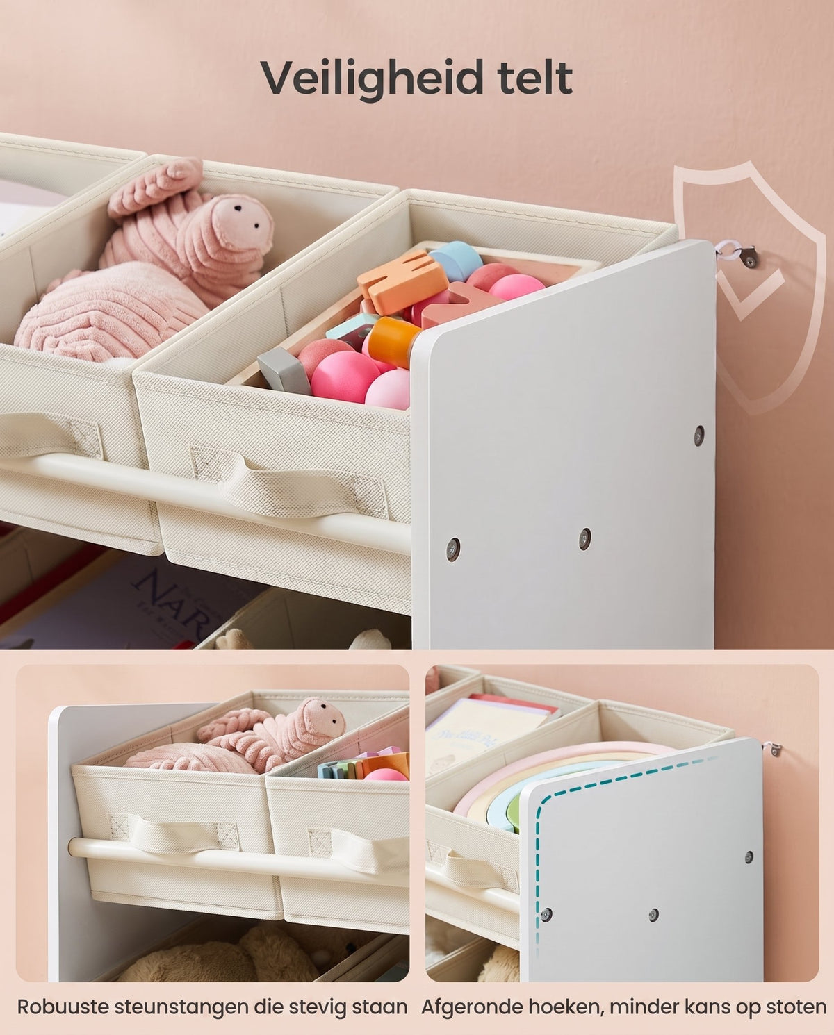 Speelgoedrek met 9 Stoffen Opbergdozen, 29,5 x 62,5 x 60 cm