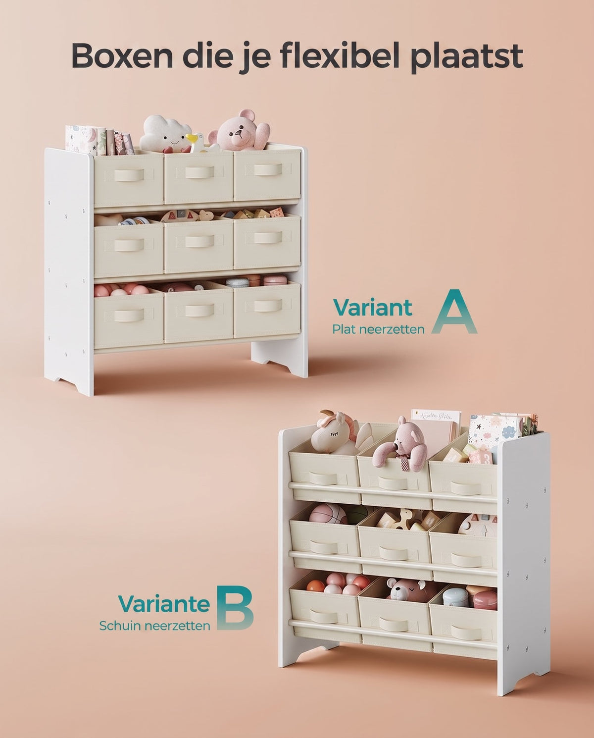 Speelgoedrek met 9 Stoffen Opbergdozen, 29,5 x 62,5 x 60 cm