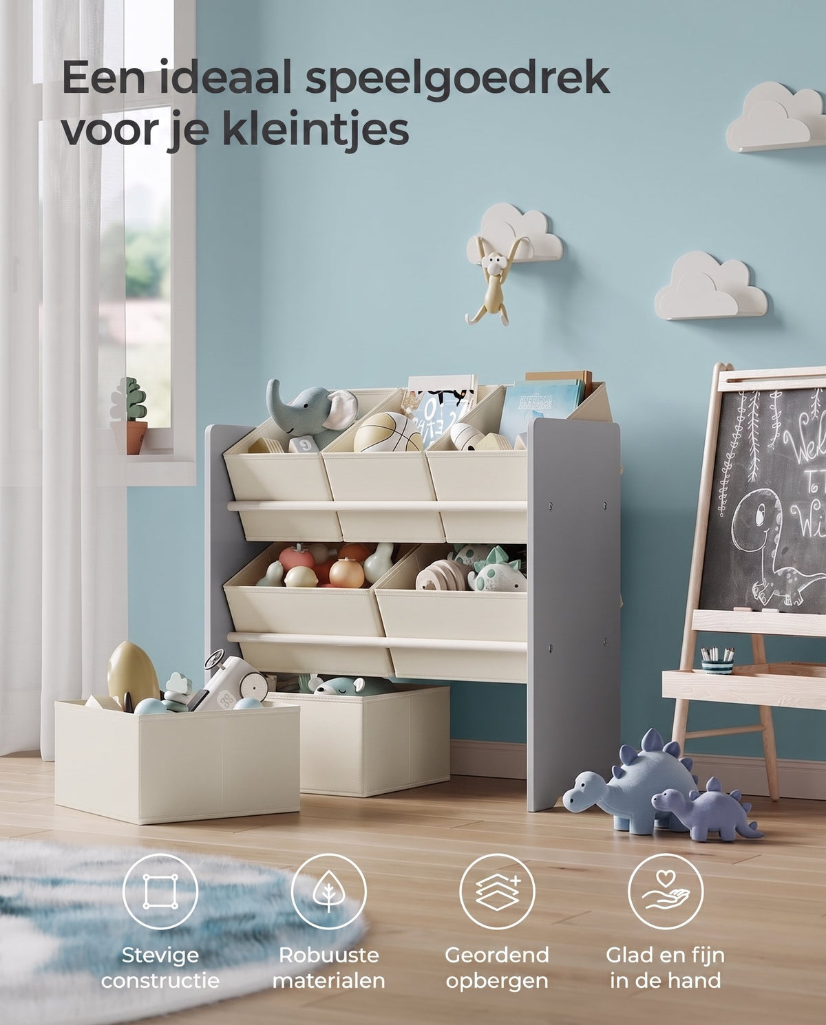 Speelgoedrek met 7 Stoffen Opbergdozen, 29,5 x 62,5 x 60 cm
