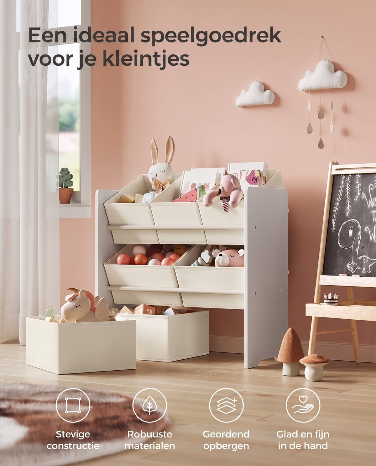 Speelgoedrek met 7 Stoffen Opbergdozen, 29,5 x 62,5 x 60 cm