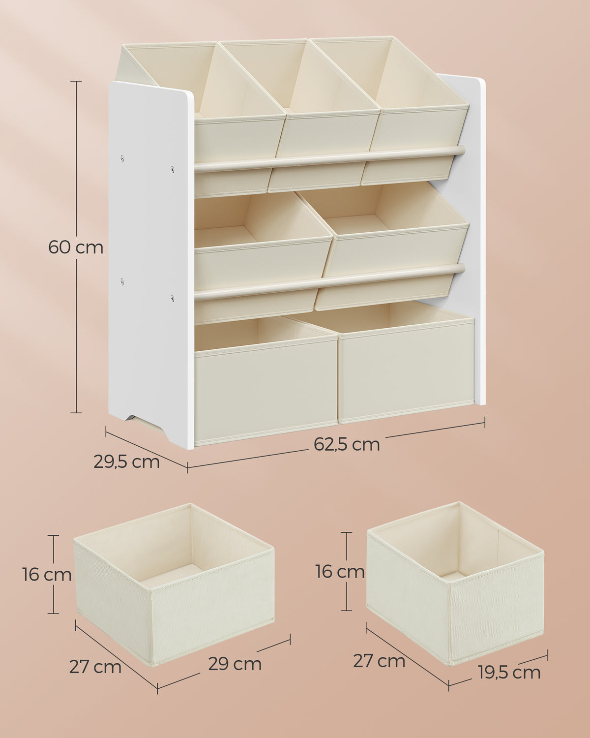 Speelgoedrek met 7 Stoffen Opbergdozen, 29,5 x 62,5 x 60 cm