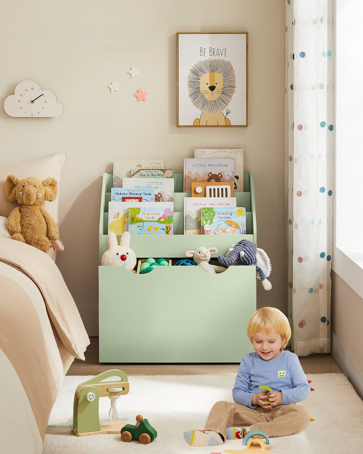 Speelgoedrek met Boekenvakken en Speelgoedkist op Wielen, 29,5 x 62,5 x 70 cm