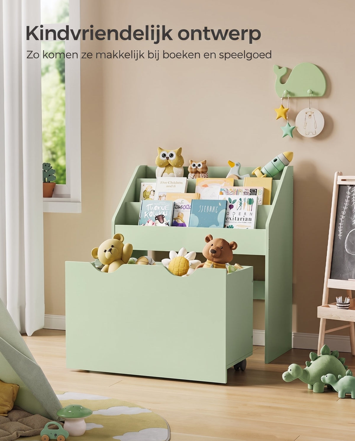 Speelgoedrek met Boekenvakken en Speelgoedkist op Wielen, 29,5 x 62,5 x 70 cm