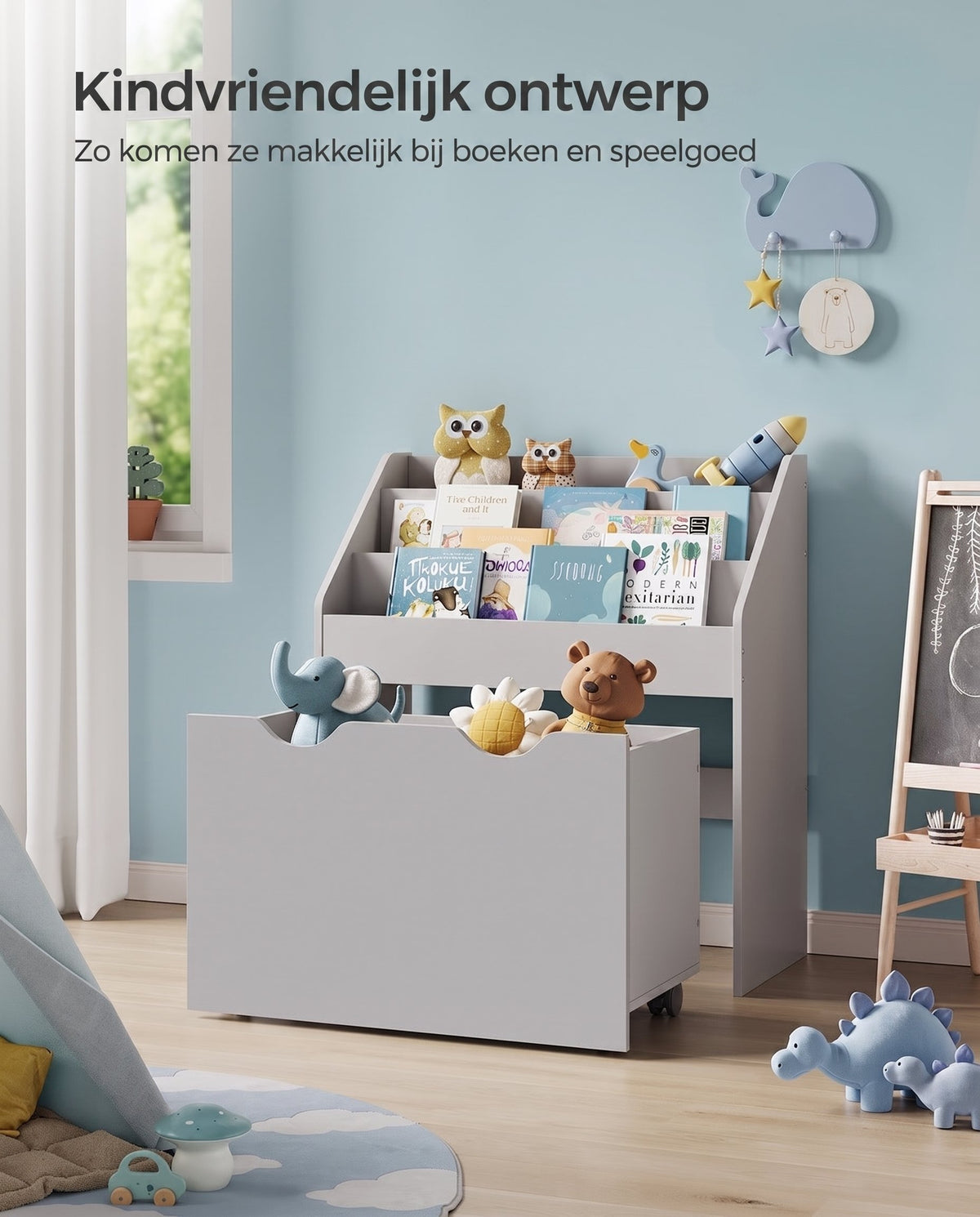 Speelgoedrek met Boekenvakken en Speelgoedkist op Wielen, 29,5 x 62,5 x 70 cm