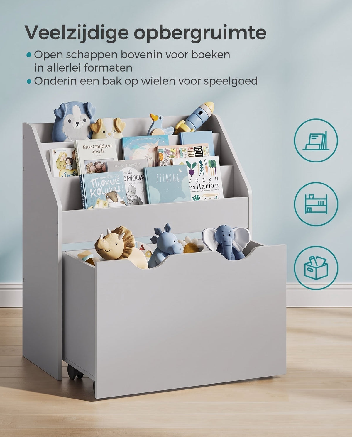 Speelgoedrek met Boekenvakken en Speelgoedkist op Wielen, 29,5 x 62,5 x 70 cm