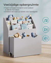 Speelgoedrek met Boekenvakken en Speelgoedkist op Wielen, 29,5 x 62,5 x 70 cm