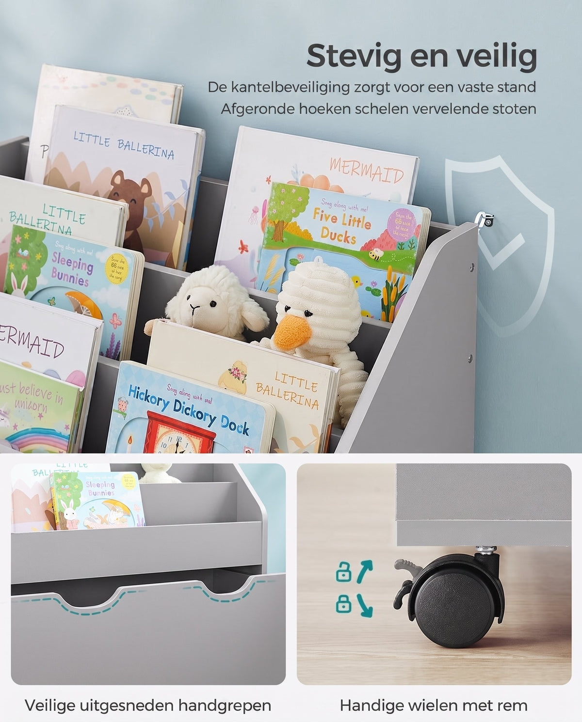 Speelgoedrek met Boekenvakken en Speelgoedkist op Wielen, 29,5 x 62,5 x 70 cm
