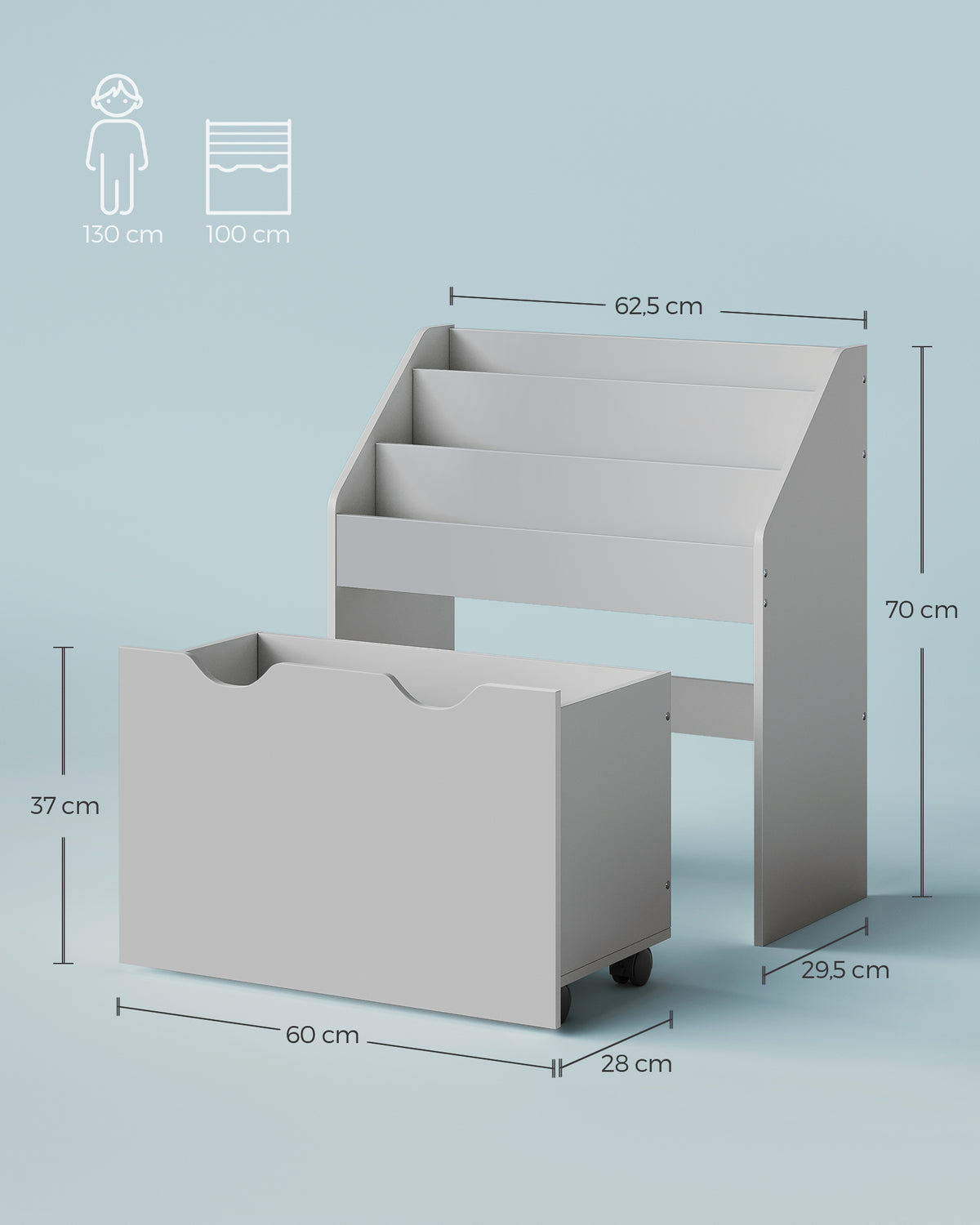Speelgoedrek met Boekenvakken en Speelgoedkist op Wielen, 29,5 x 62,5 x 70 cm