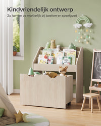 Speelgoedrek met Boekenvakken en Speelgoedkist op Wielen, 29,5 x 62,5 x 70 cm