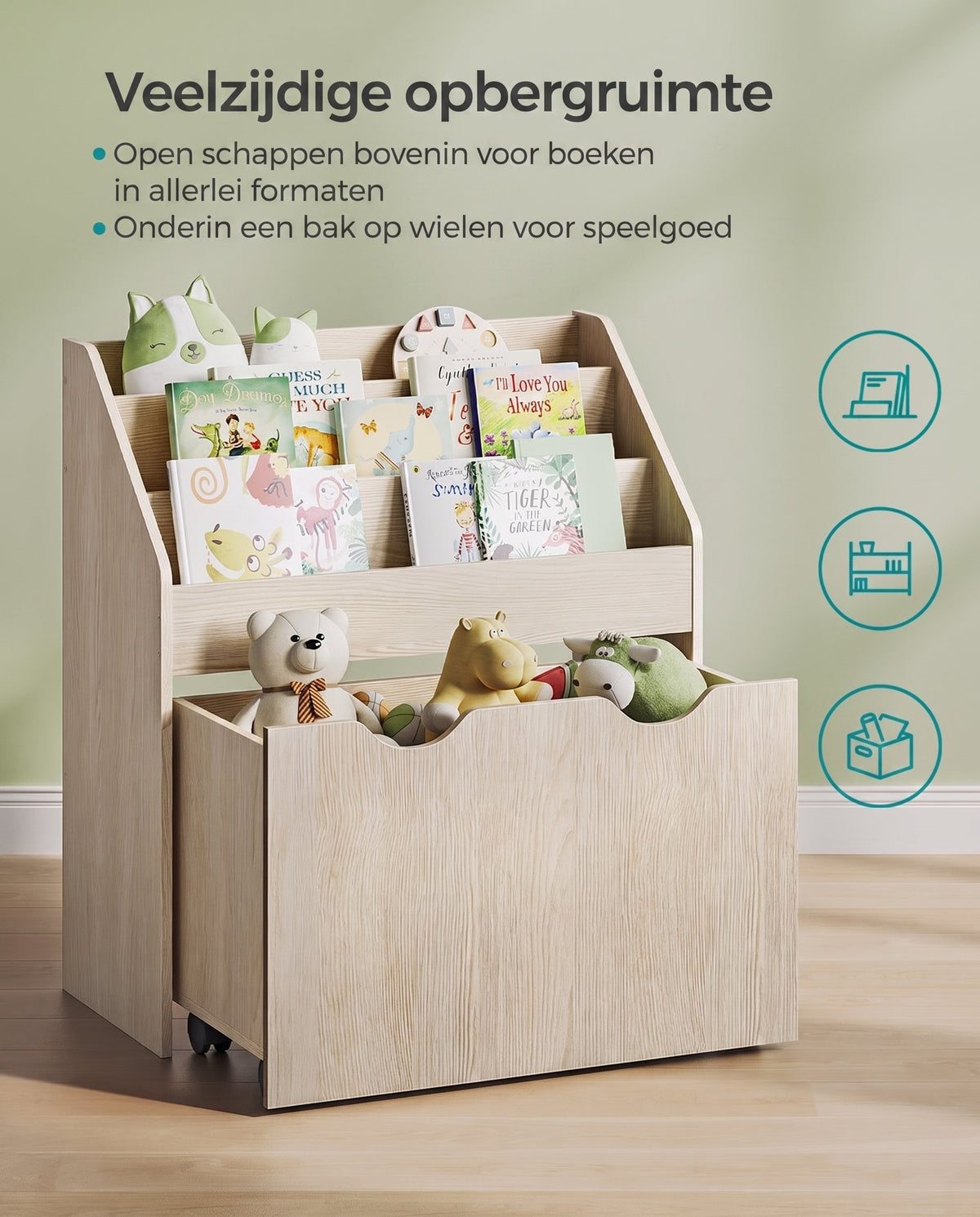 Speelgoedrek met Boekenvakken en Speelgoedkist op Wielen, 29,5 x 62,5 x 70 cm