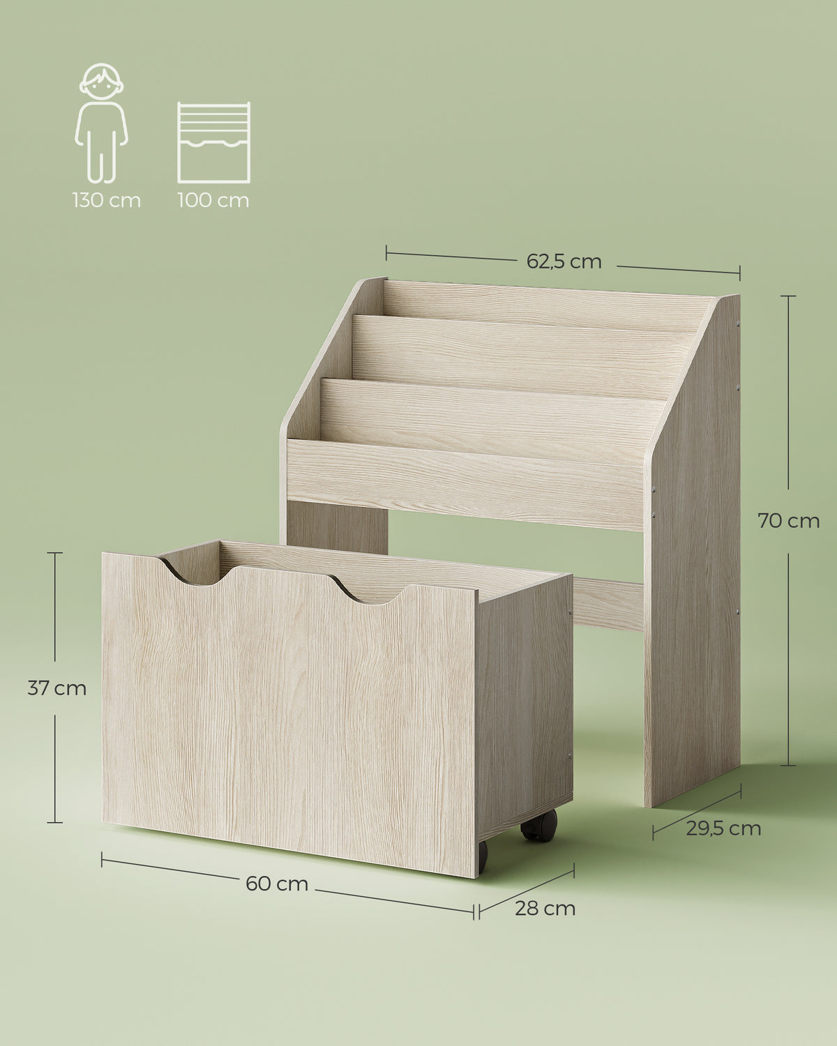Speelgoedrek met Boekenvakken en Speelgoedkist op Wielen, 29,5 x 62,5 x 70 cm