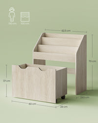 Speelgoedrek met Boekenvakken en Speelgoedkist op Wielen, 29,5 x 62,5 x 70 cm