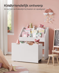 Speelgoedrek met Boekenvakken en Speelgoedkist op Wielen, 29,5 x 62,5 x 70 cm