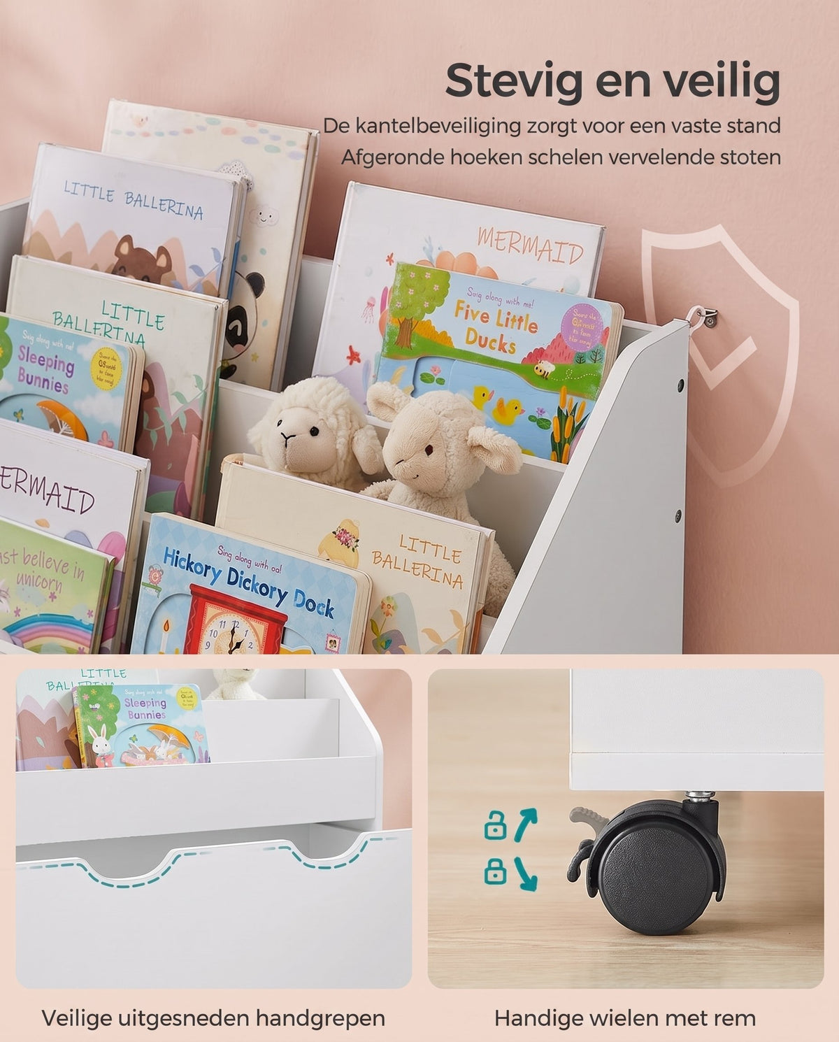 Speelgoedrek met Boekenvakken en Speelgoedkist op Wielen, 29,5 x 62,5 x 70 cm