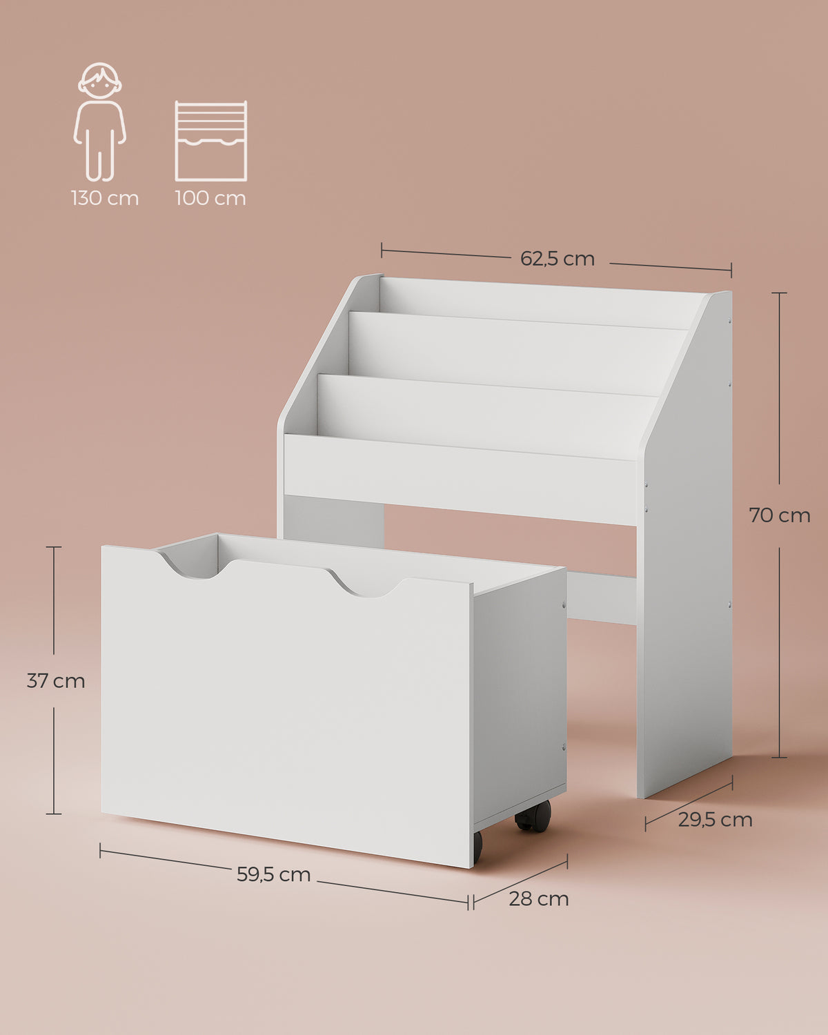 Speelgoedrek met Boekenvakken en Speelgoedkist op Wielen, 29,5 x 62,5 x 70 cm