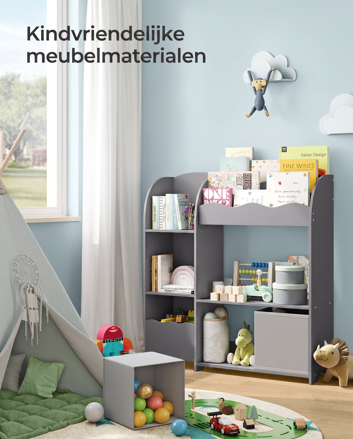 Kinderboekenkast met 2 Opbergdozen en 5 Planken, 30 x 93 x 100 cm