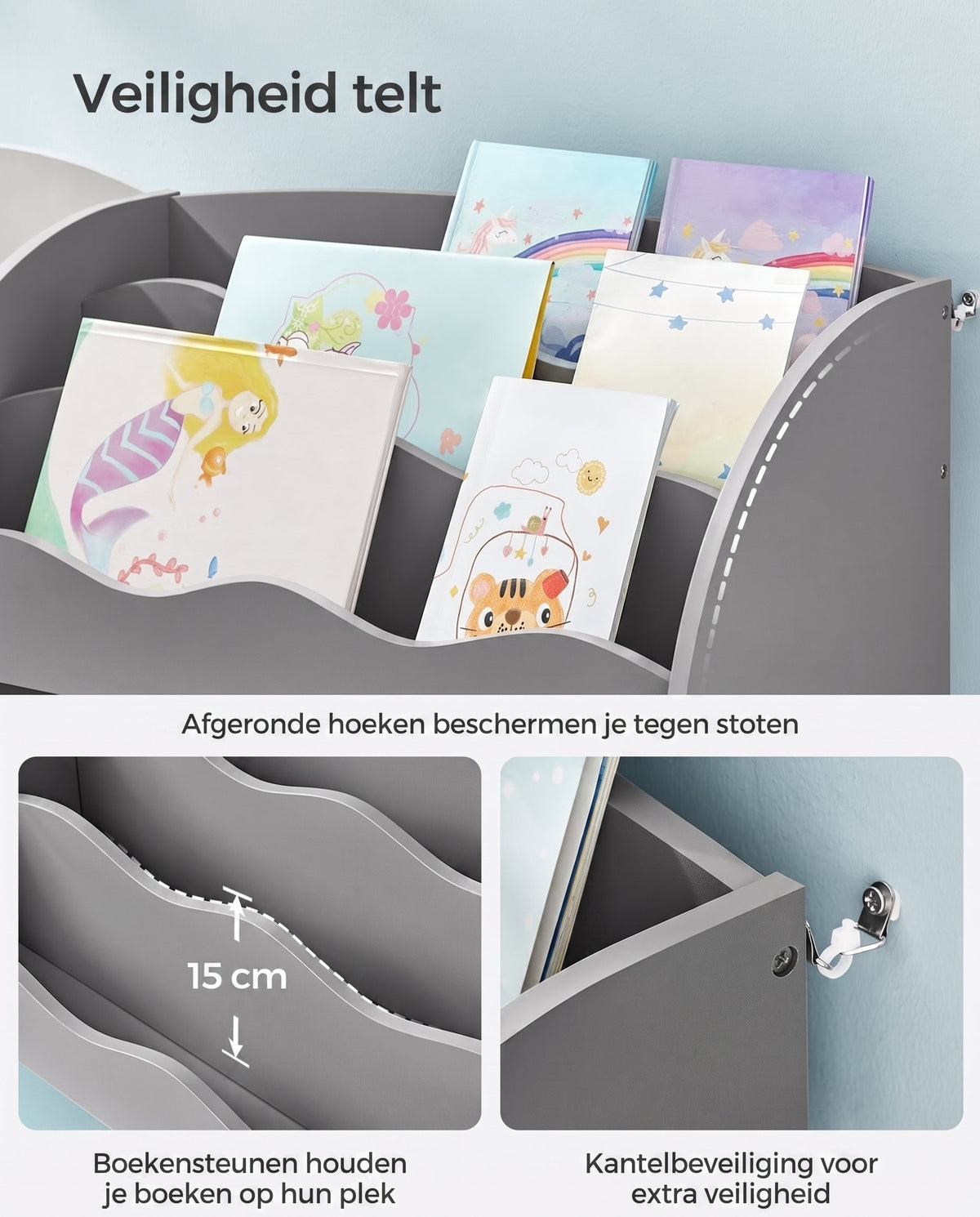 Kinderboekenkast met 2 Opbergdozen en 5 Planken, 30 x 93 x 100 cm