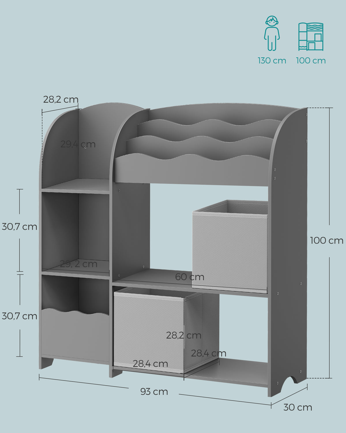 Kinderboekenkast met 2 Opbergdozen en 5 Planken, 30 x 93 x 100 cm