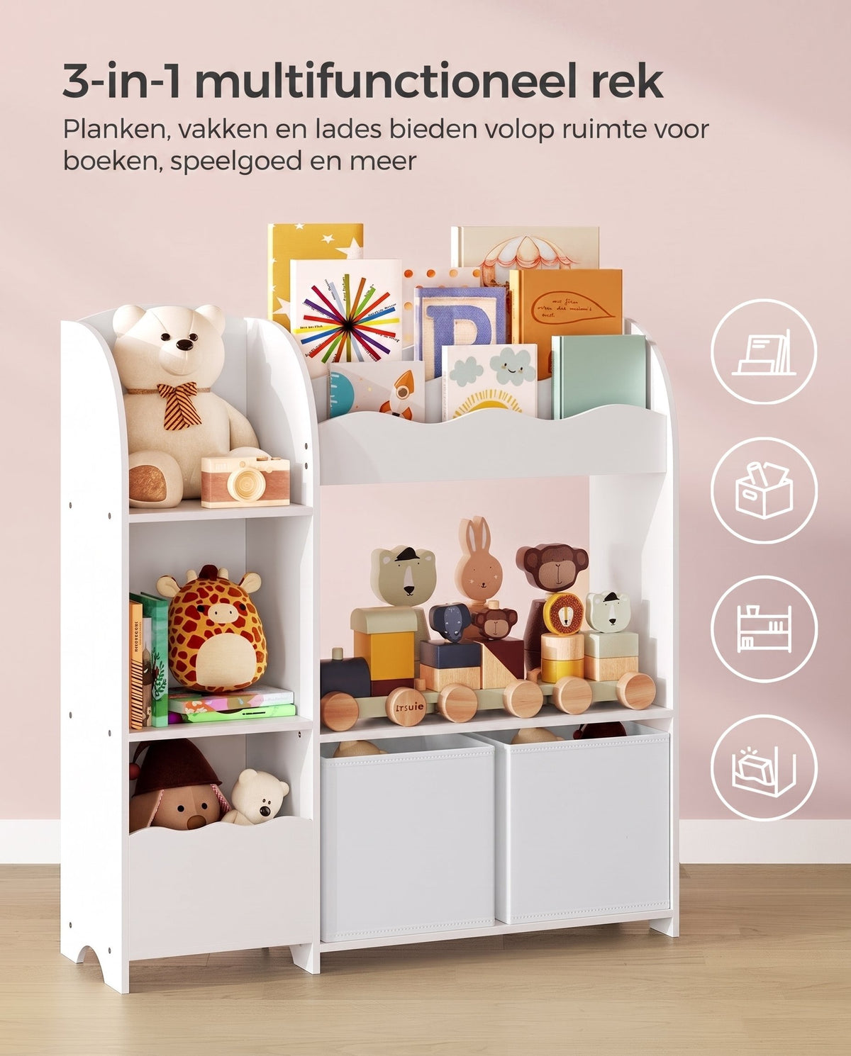 Kinderboekenkast met 2 Opbergdozen en 5 Planken, 30 x 93 x 100 cm