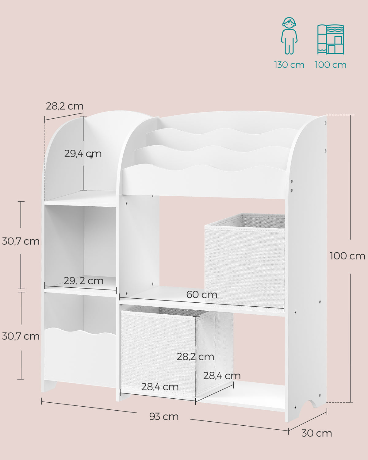 Kinderboekenkast met 2 Opbergdozen en 5 Planken, 30 x 93 x 100 cm
