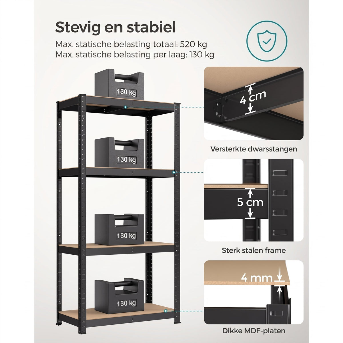 Zwaar Metalen Opbergrek met 4 Verstelbare Planken, 40 x 80 x 160 cm