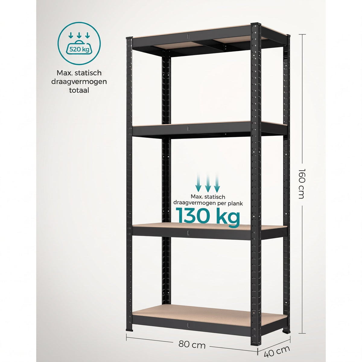 Zwaar Metalen Opbergrek met 4 Verstelbare Planken, 40 x 80 x 160 cm