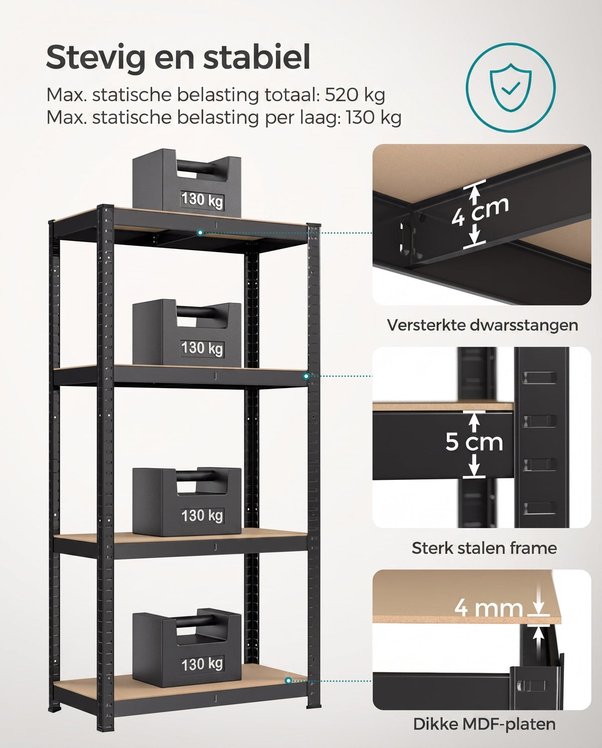 Zwaar Metalen Opbergrek met 4 Verstelbare Planken, 40 x 80 x 160 cm
