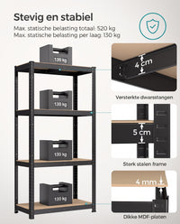 Zwaar Metalen Opbergrek met 4 Verstelbare Planken, 40 x 80 x 160 cm