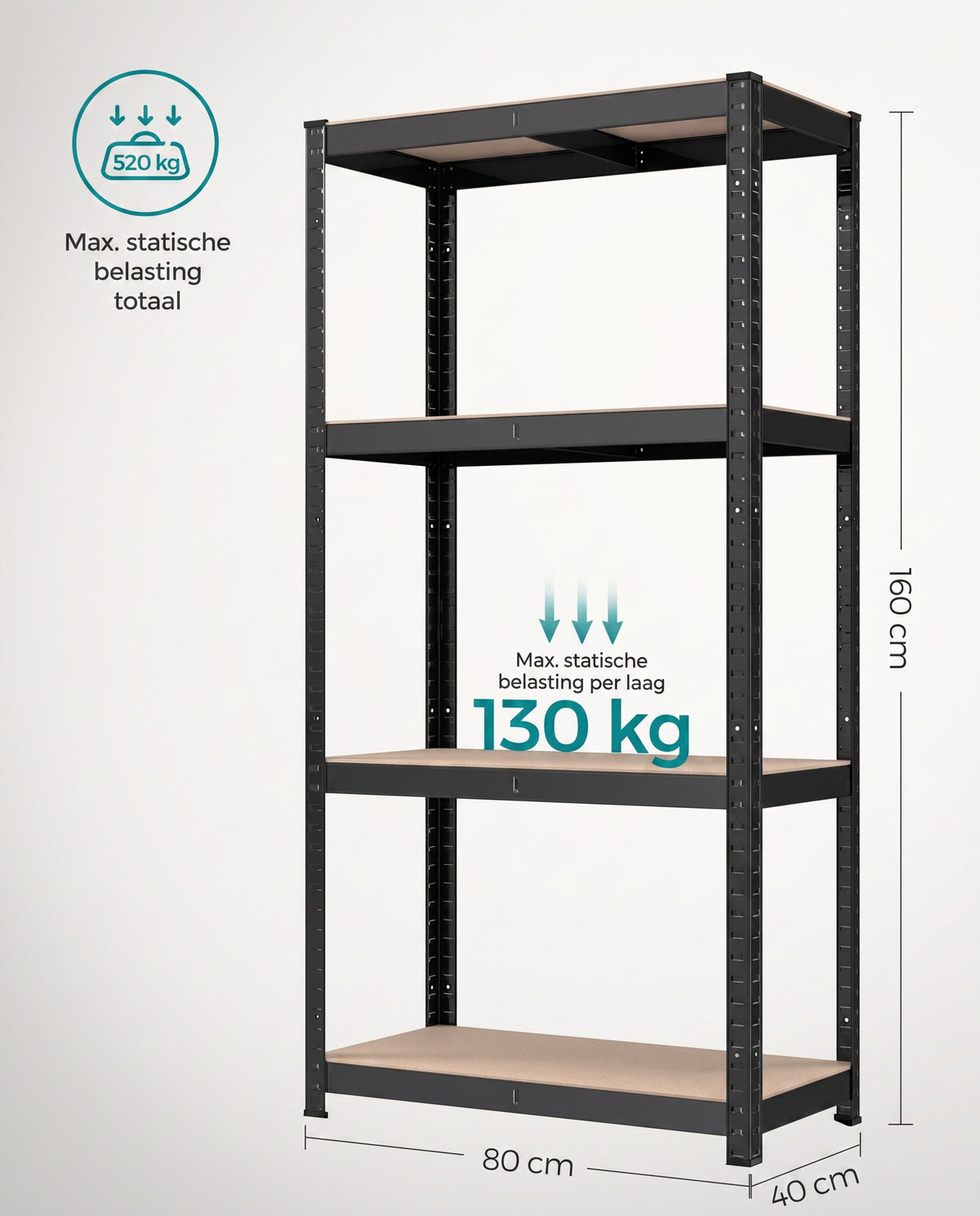 Zwaar Metalen Opbergrek met 4 Verstelbare Planken, 40 x 80 x 160 cm