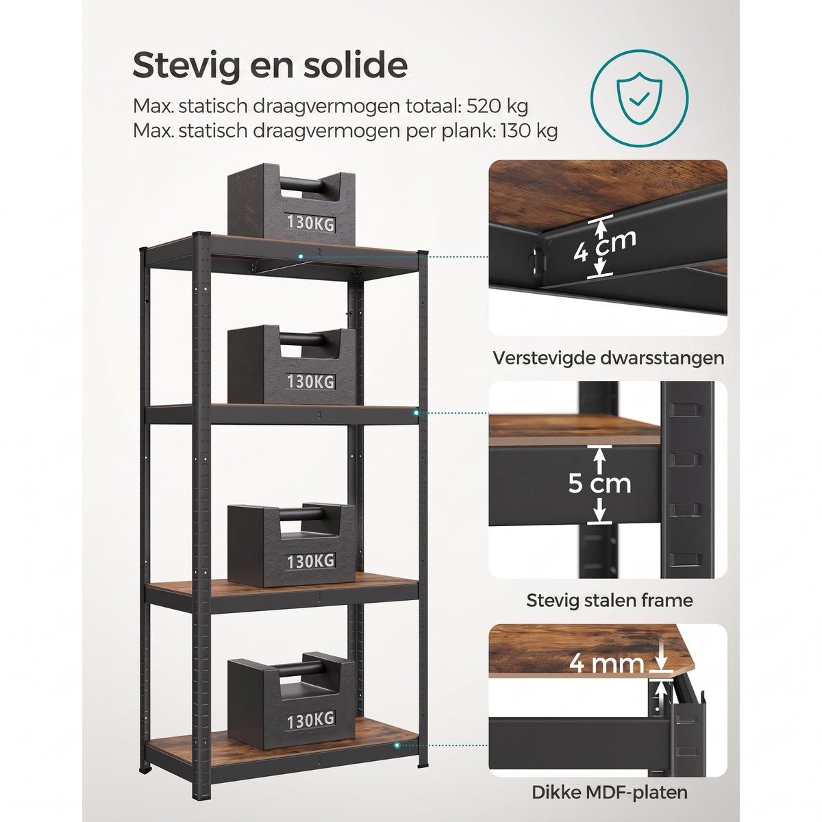 Zwaar Metalen Opbergrek met 4 Verstelbare Planken, 40 x 80 x 160 cm