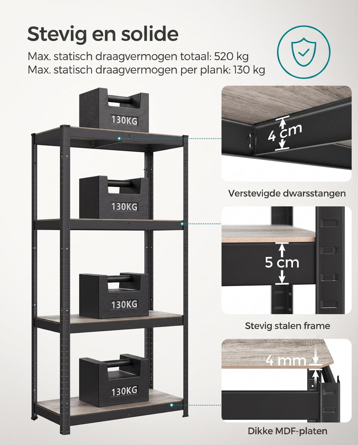 Zwaar Metalen Opbergrek met 4 Verstelbare Planken, 40 x 80 x 160 cm