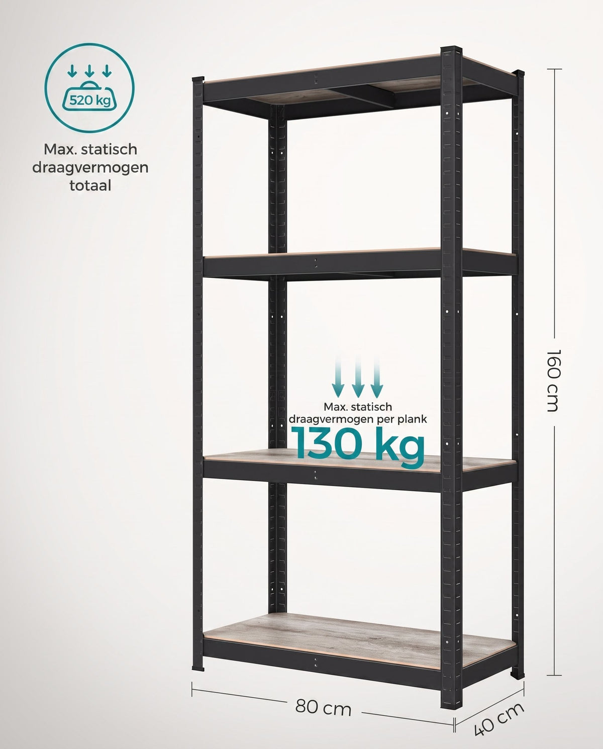 Zwaar Metalen Opbergrek met 4 Verstelbare Planken, 40 x 80 x 160 cm